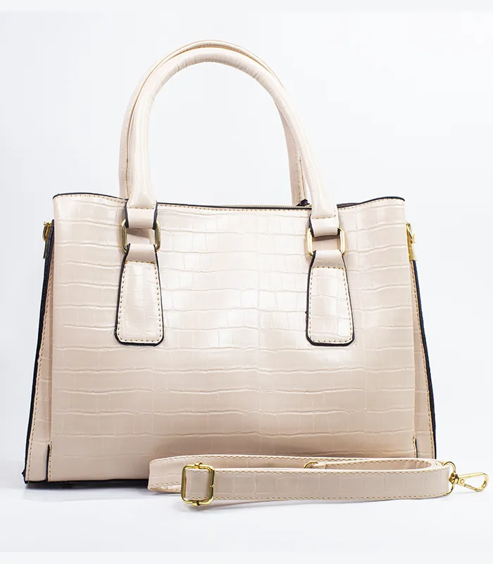 Sac à main cuir texture crocodile beige – Image 3