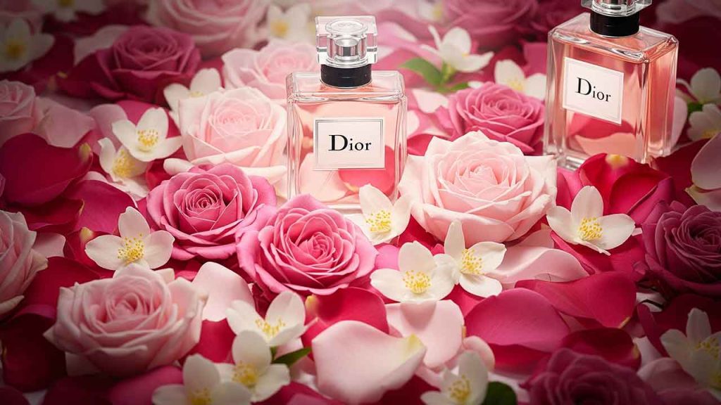 Pétales de rose et de jasmin évoquant les ingrédients du meilleur parfum Dior femme.