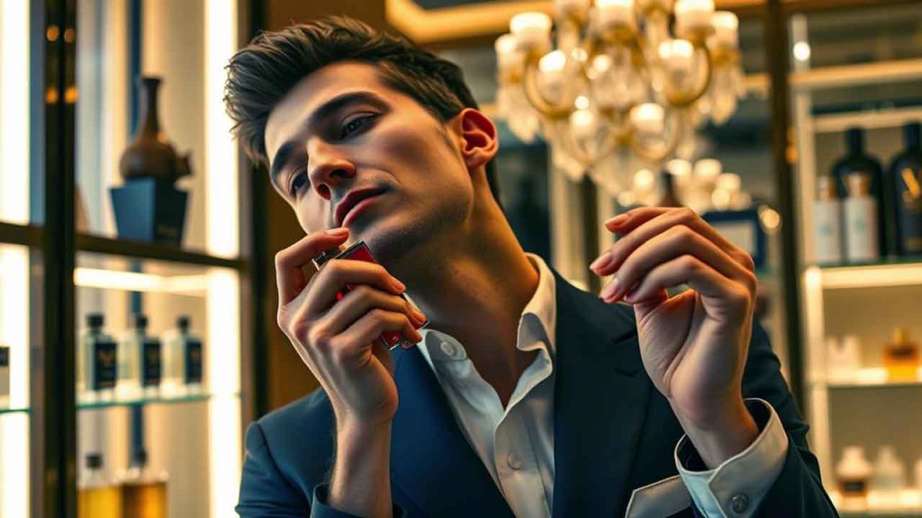 Un homme élégant applique du parfum homme Dior sur son cou, illustrant l'art de se parfumer.