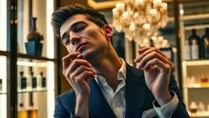 Finesse Tunisie Un homme élégant applique du parfum homme Dior sur son cou, illustrant l'art de se parfumer.